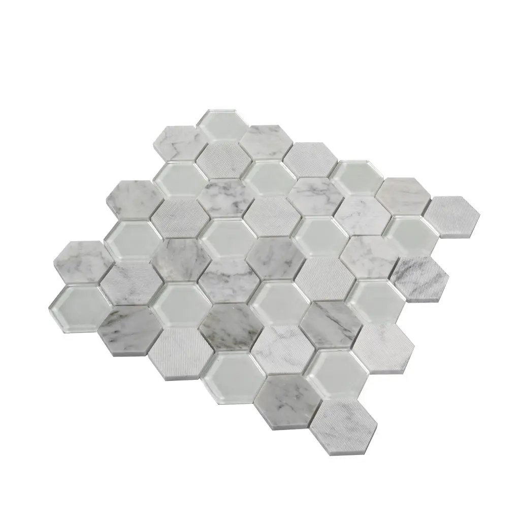 White 12x12 Polished Etched Hexagon Bianco Carrara Glass Marble Mosaic Tile (5 pack, 4.92 sq ft/case) by Apollo Tile