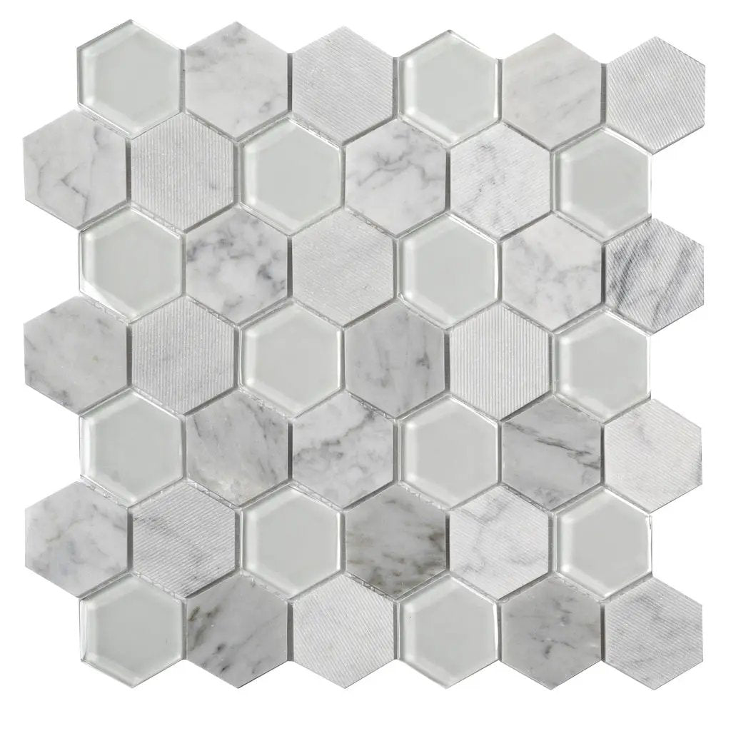 White 12x12 Polished Etched Hexagon Bianco Carrara Glass Marble Mosaic Tile (5 pack, 4.92 sq ft/case) by Apollo Tile