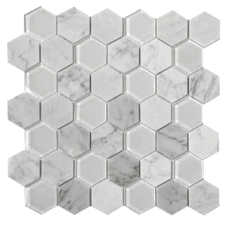 White 12x12 Polished Etched Hexagon Bianco Carrara Glass Marble Mosaic Tile (5 pack, 4.92 sq ft/case) by Apollo Tile