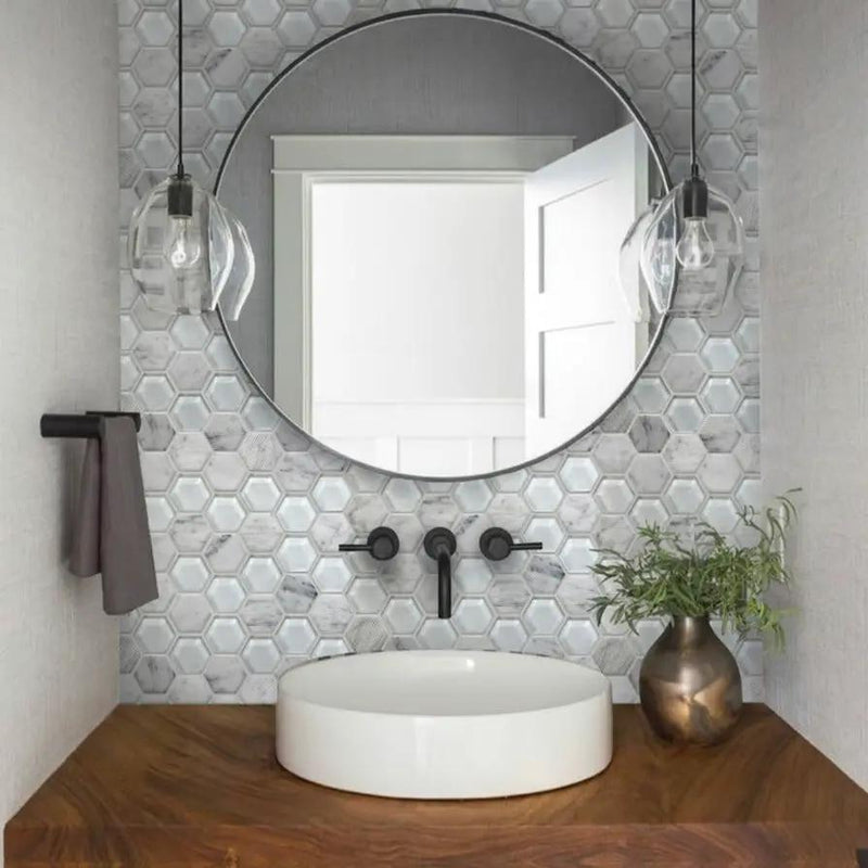 White 12x12 Polished Etched Hexagon Bianco Carrara Glass Marble Mosaic Tile (5 pack, 4.92 sq ft/case) by Apollo Tile