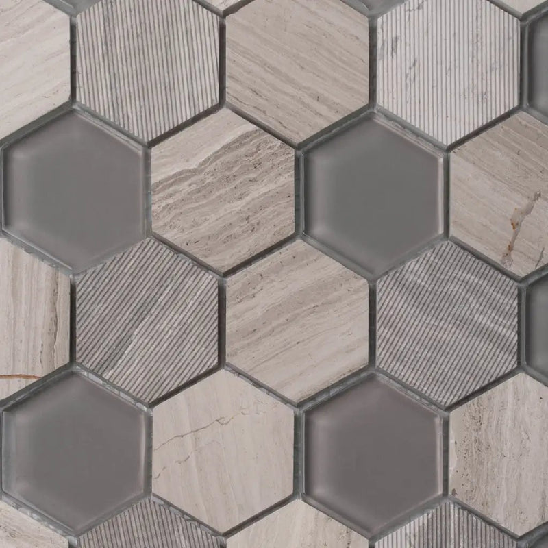 Wooden Grey Glass 12x12 Polished Etched Hexagon Marble Mosaic Tile (5 pack, 4.92 sq ft/case) by Apollo Tile
