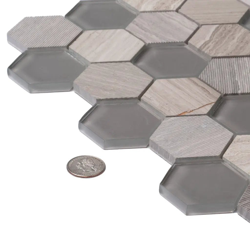 Wooden Grey Glass 12x12 Polished Etched Hexagon Marble Mosaic Tile (5 pack, 4.92 sq ft/case) by Apollo Tile