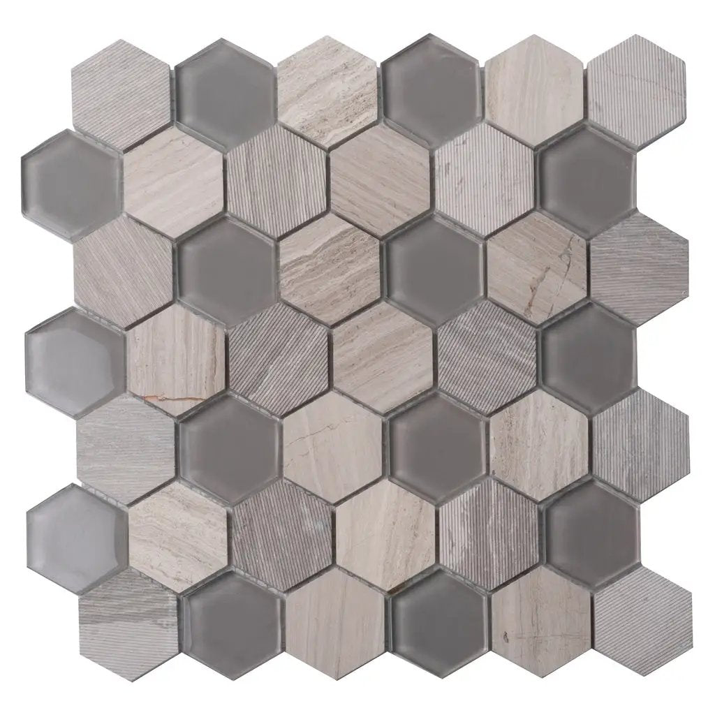 Wooden Grey Glass 12x12 Polished Etched Hexagon Marble Mosaic Tile (5 pack, 4.92 sq ft/case) by Apollo Tile