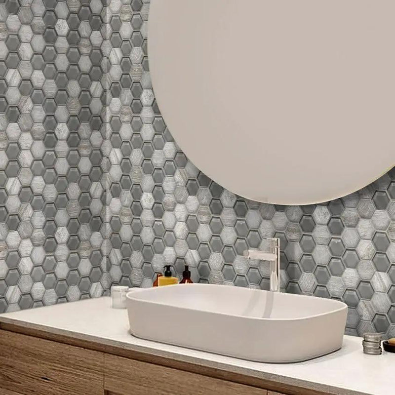 Wooden Grey Glass 12x12 Polished Etched Hexagon Marble Mosaic Tile (5 pack, 4.92 sq ft/case) by Apollo Tile