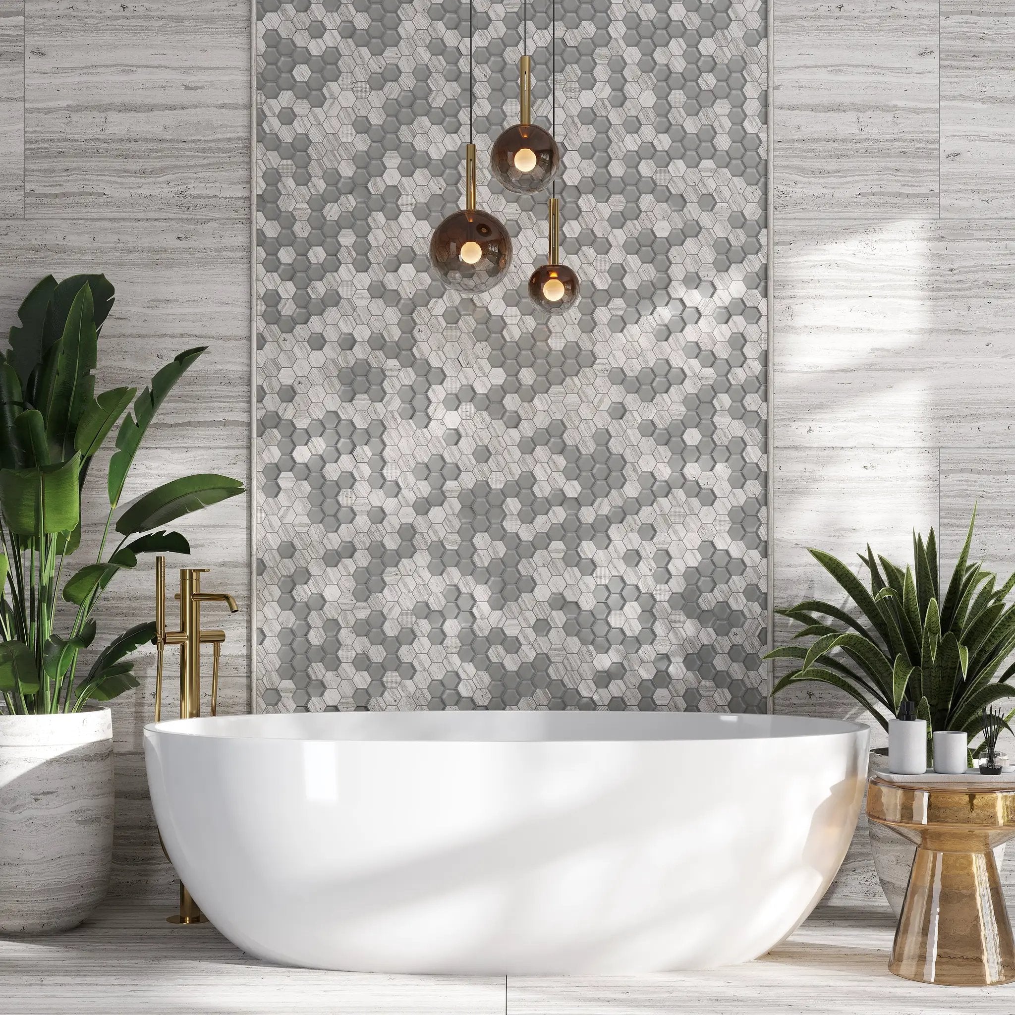 Wooden Grey Glass 12x12 Polished Etched Hexagon Marble Mosaic Tile (5 pack, 4.92 sq ft/case) by Apollo Tile