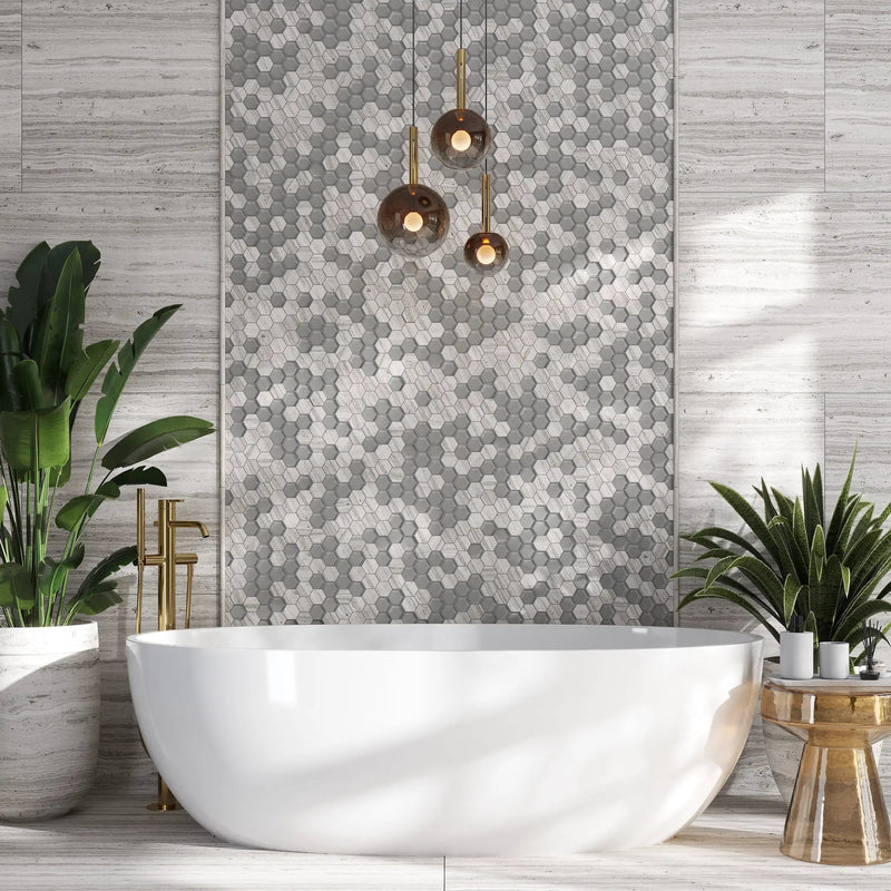 Wooden Grey Glass 12x12 Polished Etched Hexagon Marble Mosaic Tile (5 pack, 4.92 sq ft/case) by Apollo Tile