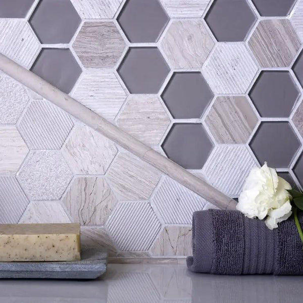 Wooden Grey Glass 12x12 Polished Etched Hexagon Marble Mosaic Tile (5 pack, 4.92 sq ft/case)
