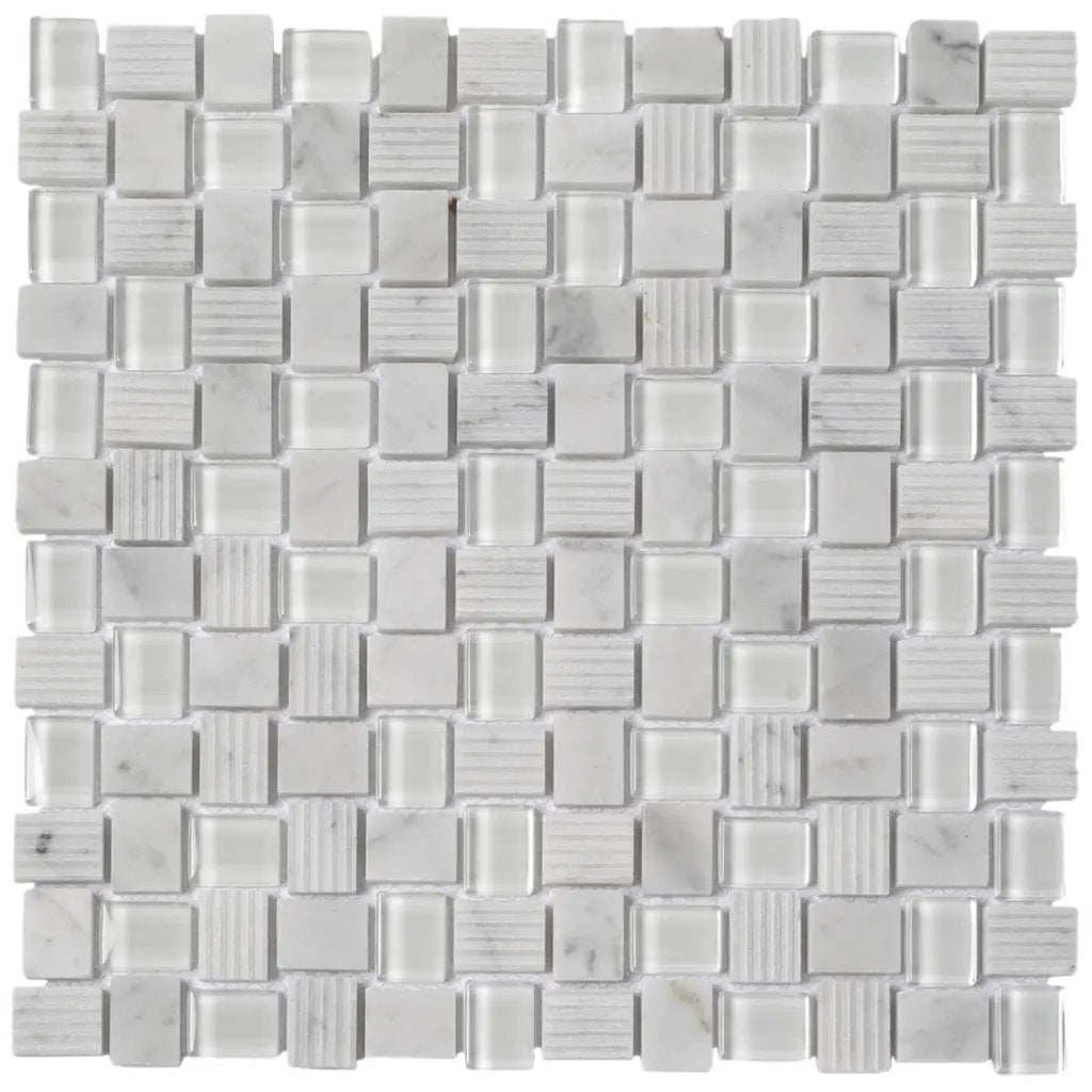 White 12x12 Polished Etched Brick Bianco Carrara Glass Marble Mosaic Tile (5 pack, 4.83 sq ft/case) by Apollo Tile