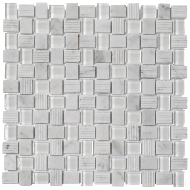 White 12x12 Polished Etched Brick Bianco Carrara Glass Marble Mosaic Tile (5 pack, 4.83 sq ft/case) by Apollo Tile
