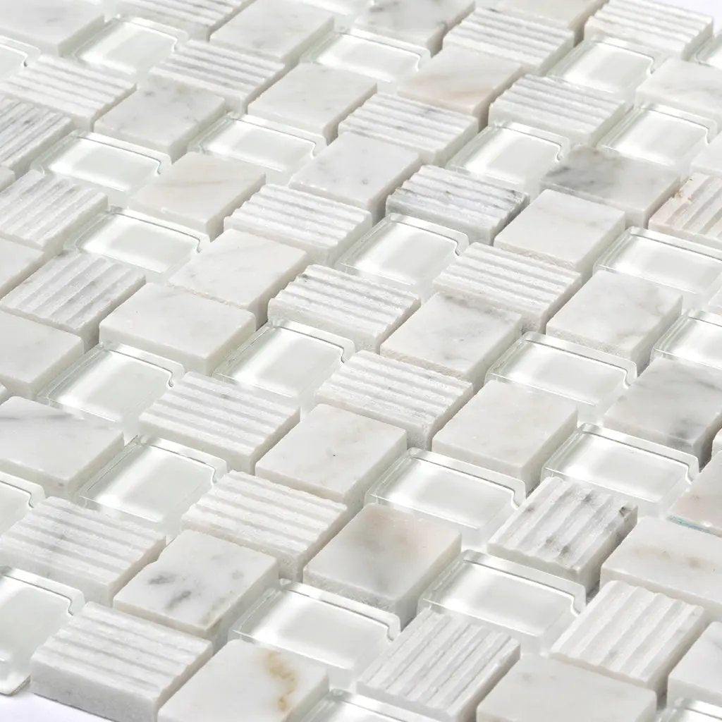 White 12x12 Polished Etched Brick Bianco Carrara Glass Marble Mosaic Tile (5 pack, 4.83 sq ft/case) by Apollo Tile