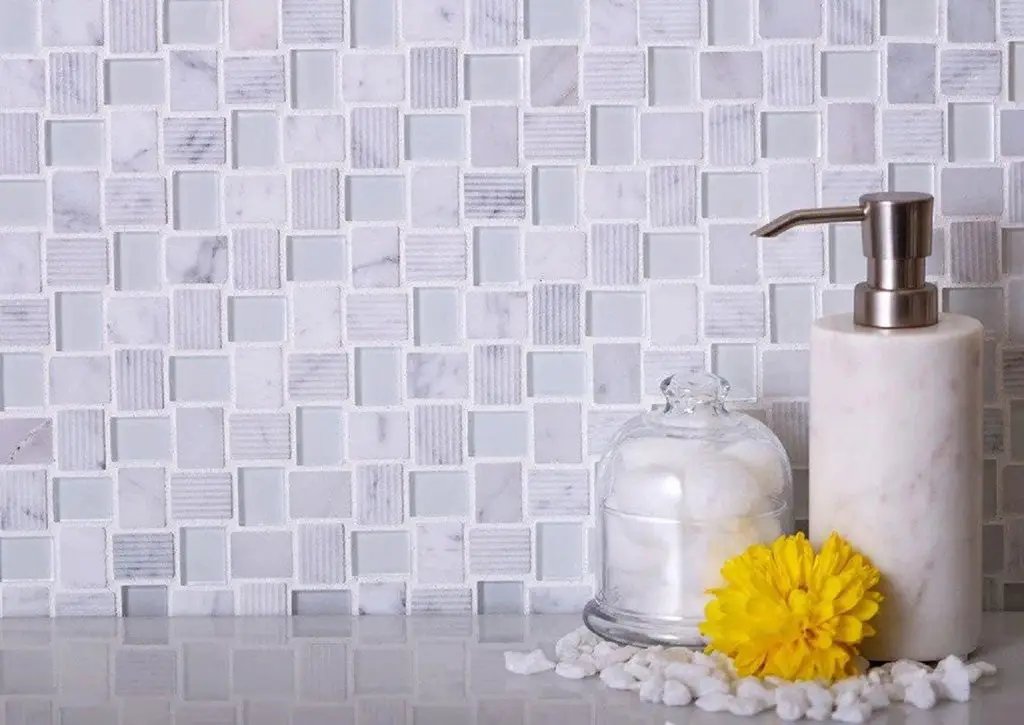 White 12x12 Polished Etched Brick Bianco Carrara Glass Marble Mosaic Tile (5 pack, 4.83 sq ft/case) by Apollo Tile
