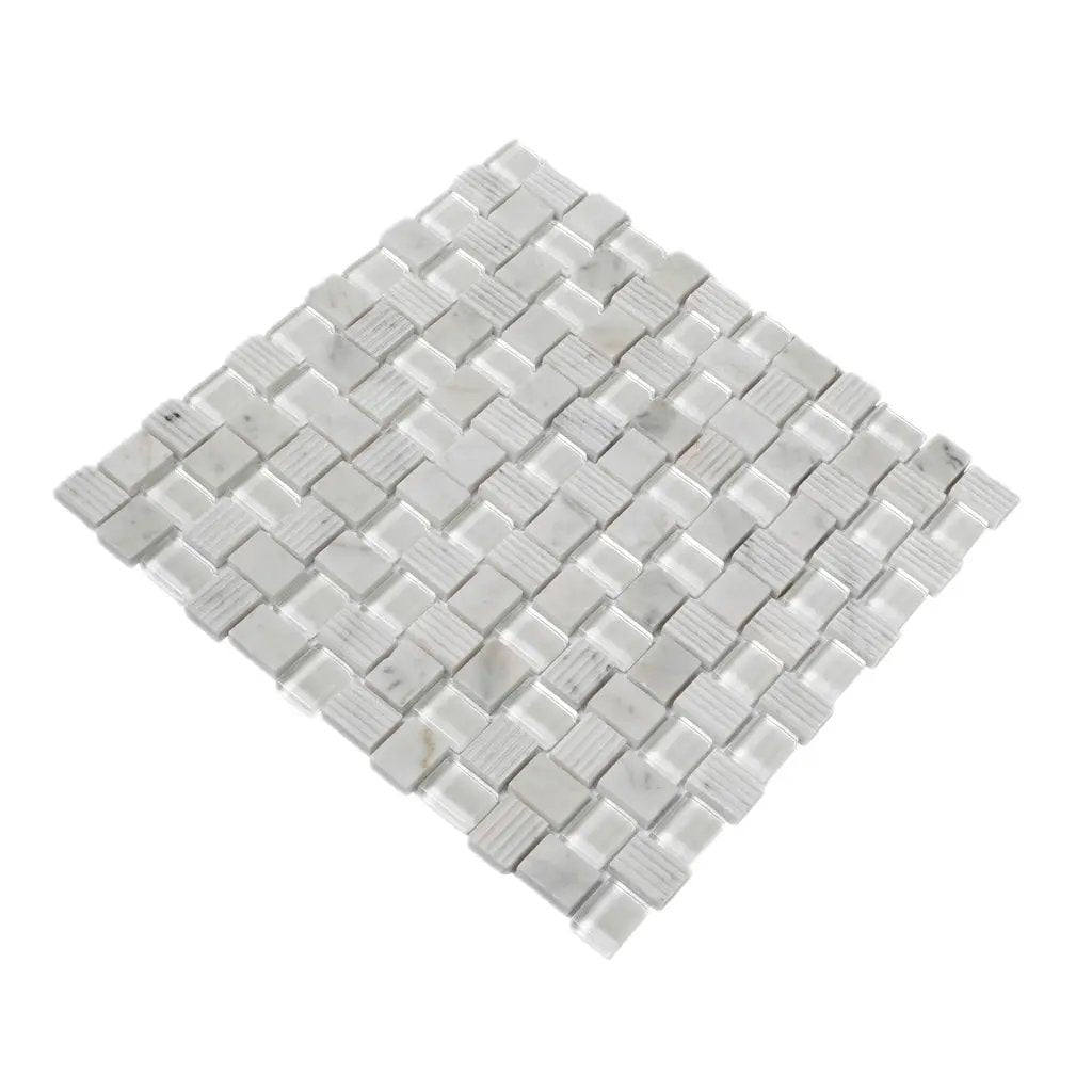 White 12x12 Polished Etched Brick Bianco Carrara Glass Marble Mosaic Tile (5 pack, 4.83 sq ft/case) by Apollo Tile
