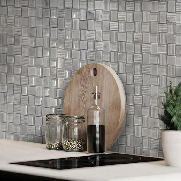 White 12x12 Polished Etched Brick Bianco Carrara Glass Marble Mosaic Tile (5 pack, 4.83 sq ft/case), photo 2 of 7