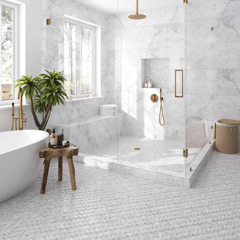 White 12x12 Polished Etched Brick Bianco Carrara Glass Marble Mosaic Tile (5 pack, 4.83 sq ft/case) by Apollo Tile