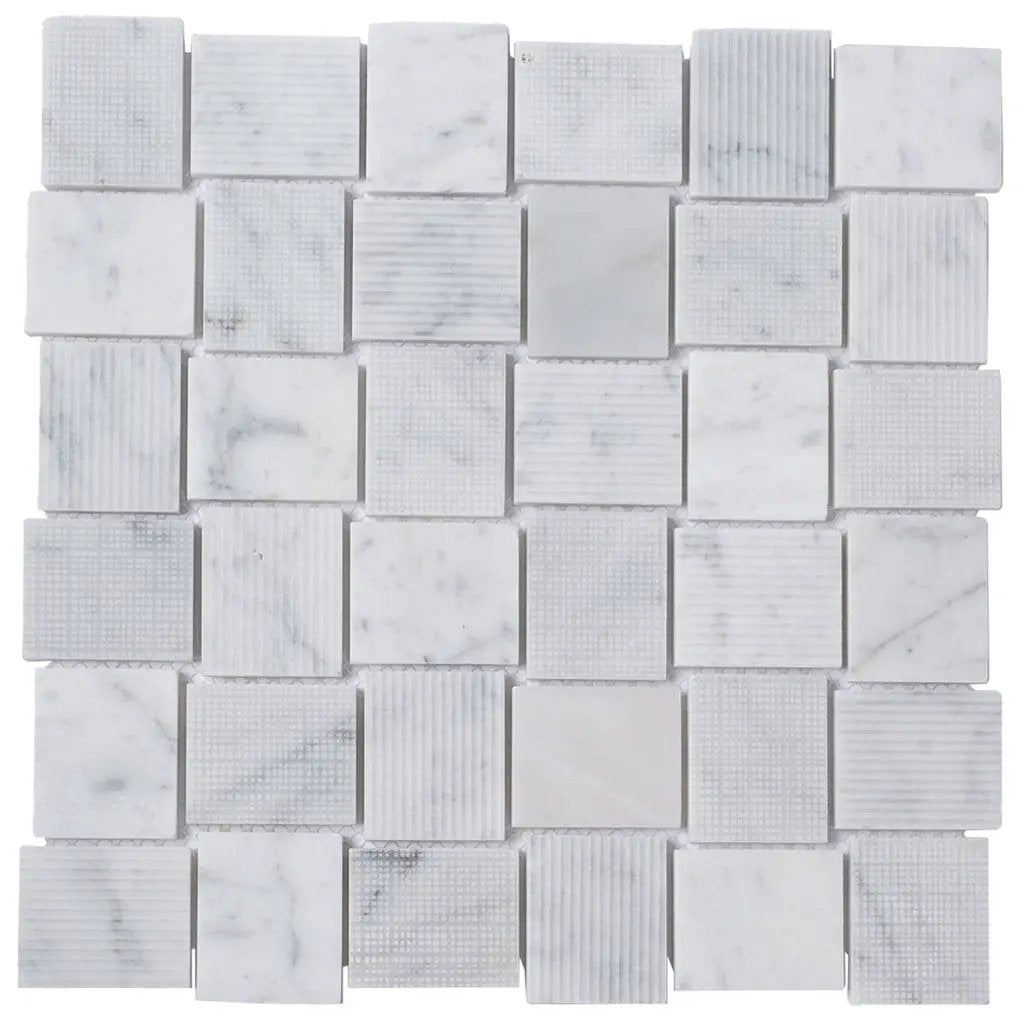 White 11x11 Polished Etched Brick Bianco Carrara Marble Mosaic Tile (5 pack, 4.13 sq ft/case) by Apollo Tile