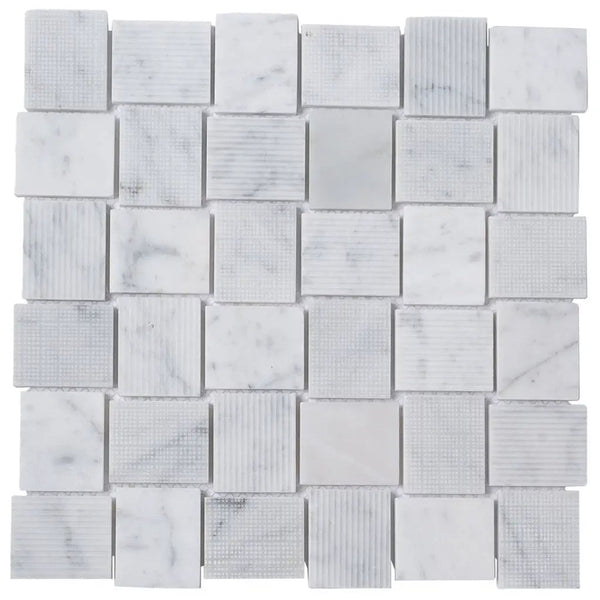 White 11x11 Polished Etched Brick Bianco Carrara Marble Mosaic Tile (5 pack, 4.13 sq ft/case), photo 2 of 7