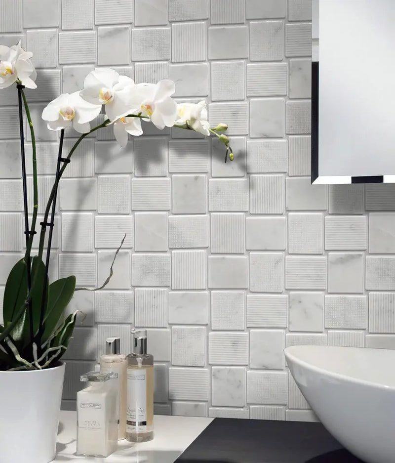 White 11x11 Polished Etched Brick Bianco Carrara Marble Mosaic Tile (5 pack, 4.13 sq ft/case) by Apollo Tile