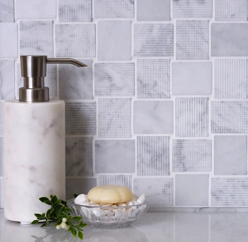White 11x11 Polished Etched Brick Bianco Carrara Marble Mosaic Tile (5 pack, 4.13 sq ft/case) by Apollo Tile