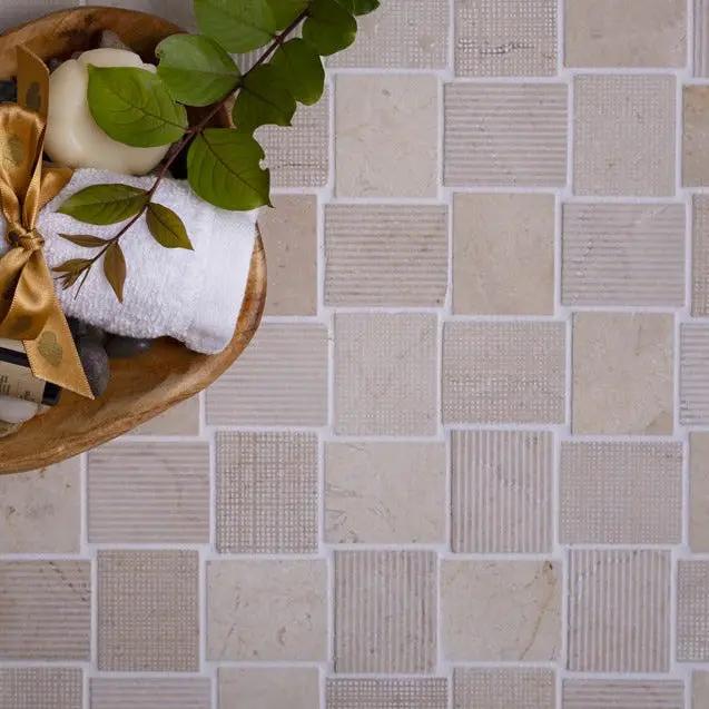 Beige 11x11 Polished Etched Brick Crema Marfil Marble Mosaic Tile (5 pack, 4.13 sq ft/case) by Apollo Tile