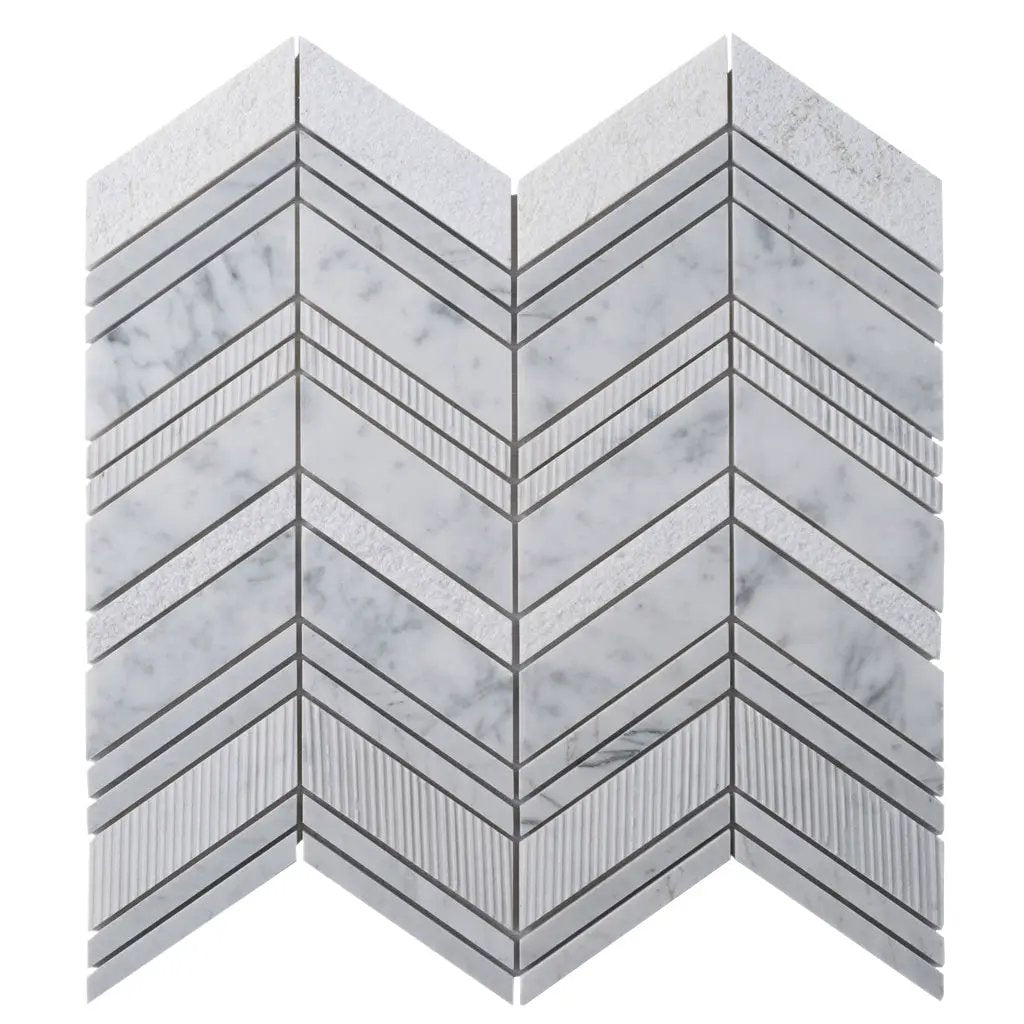 Gray White 13x13 Polished Etched Herringbone Bianco Carrara Marble Mosaic Tile (5 pack, 6.09 sq ft/case) by Apollo Tile