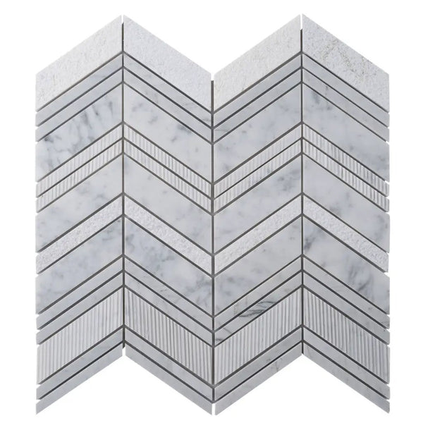 Gray White 13x13 Polished Etched Herringbone Bianco Carrara Marble Mosaic Tile (5 pack, 6.09 sq ft/case), photo 2 of 7