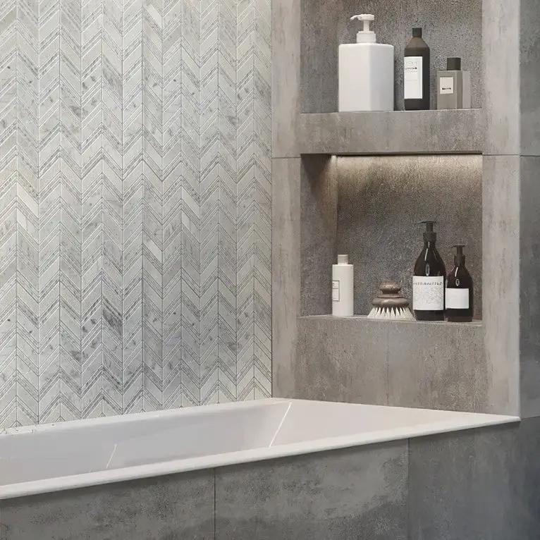 Gray White 13x13 Polished Etched Herringbone Bianco Carrara Marble Mosaic Tile (5 pack, 6.09 sq ft/case) by Apollo Tile
