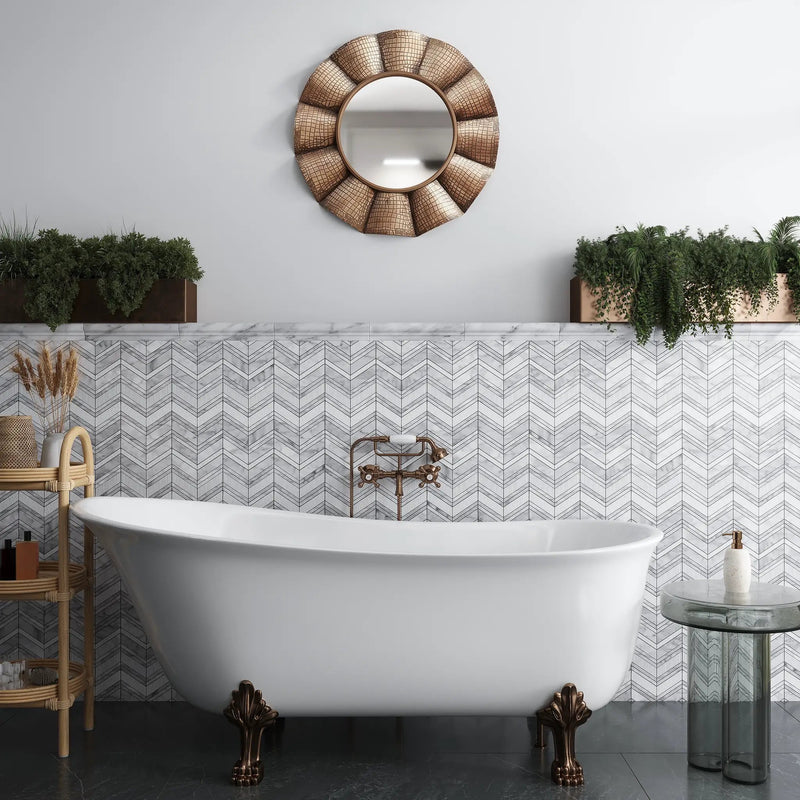 Gray White 13x13 Polished Etched Herringbone Bianco Carrara Marble Mosaic Tile (5 pack, 6.09 sq ft/case) by Apollo Tile