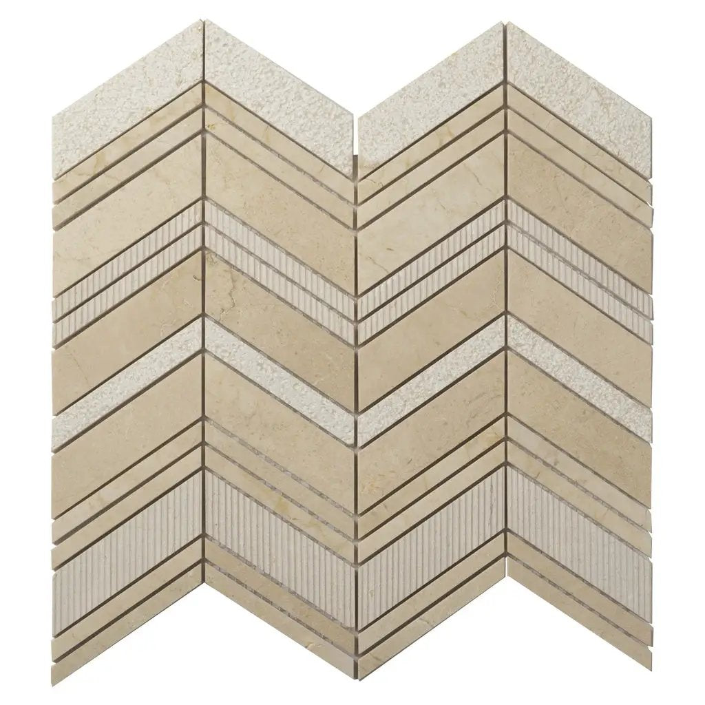 Beige 13x13 Polished Etched Herringbone Crema Marfil Marble Mosaic Tile (5 pack, 6.09 sq ft/case) by Apollo Tile