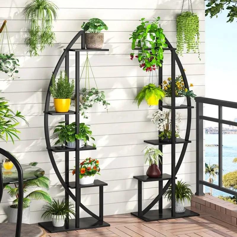 Set of 2 - Symmetrical Modern Black Metal Wood 10-Shelf Plant Stand by HomePacific