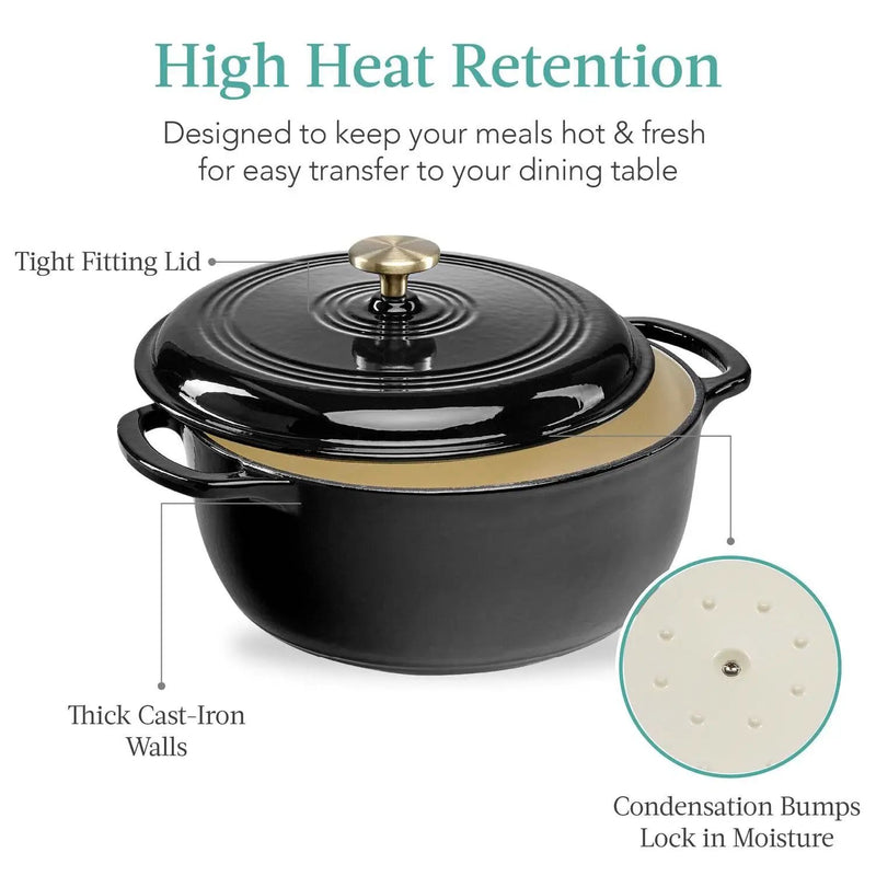 6 Quart Large Black Enamel Cast-Iron Dutch Oven Kitchen Cookware by HomePacific