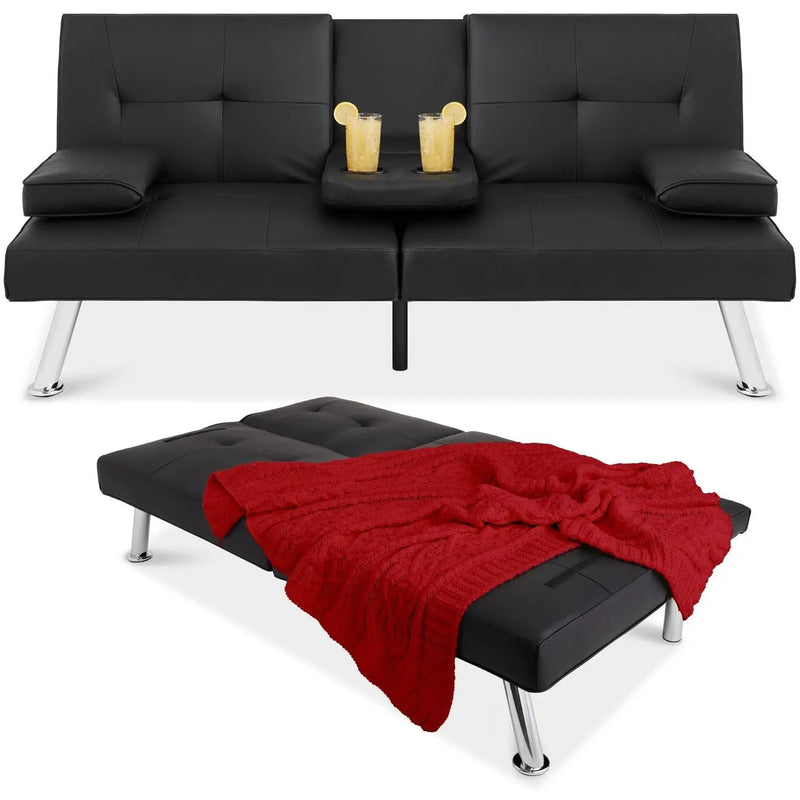 Black Faux Leather Convertible Sofa Futon with 2 Cup Holders by HomePacific