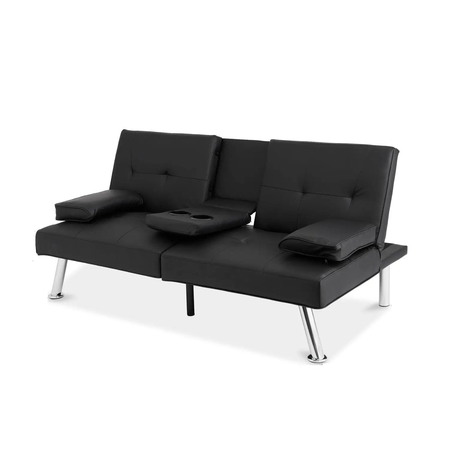 Black Faux Leather Convertible Sofa Futon with 2 Cup Holders by HomePacific