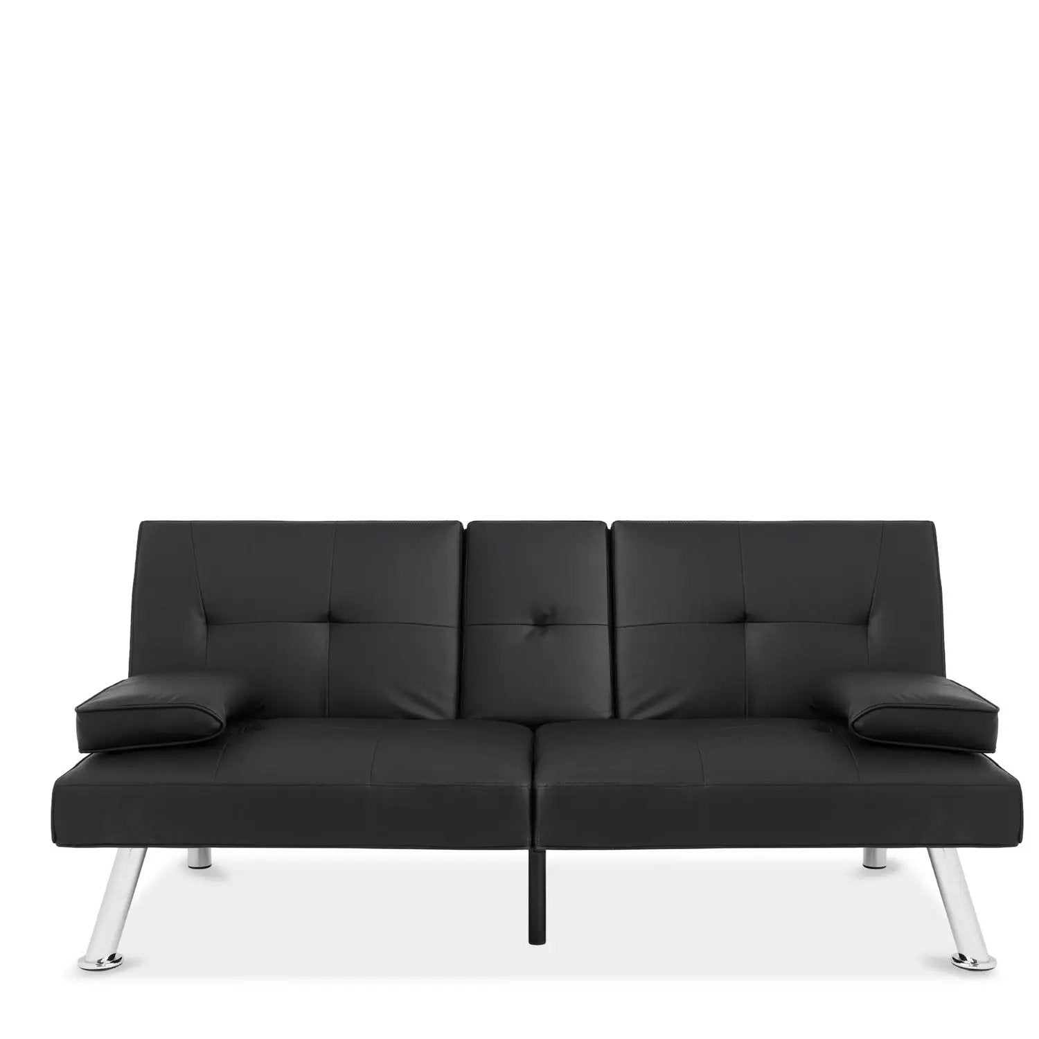 Black Faux Leather Convertible Sofa Futon with 2 Cup Holders by HomePacific