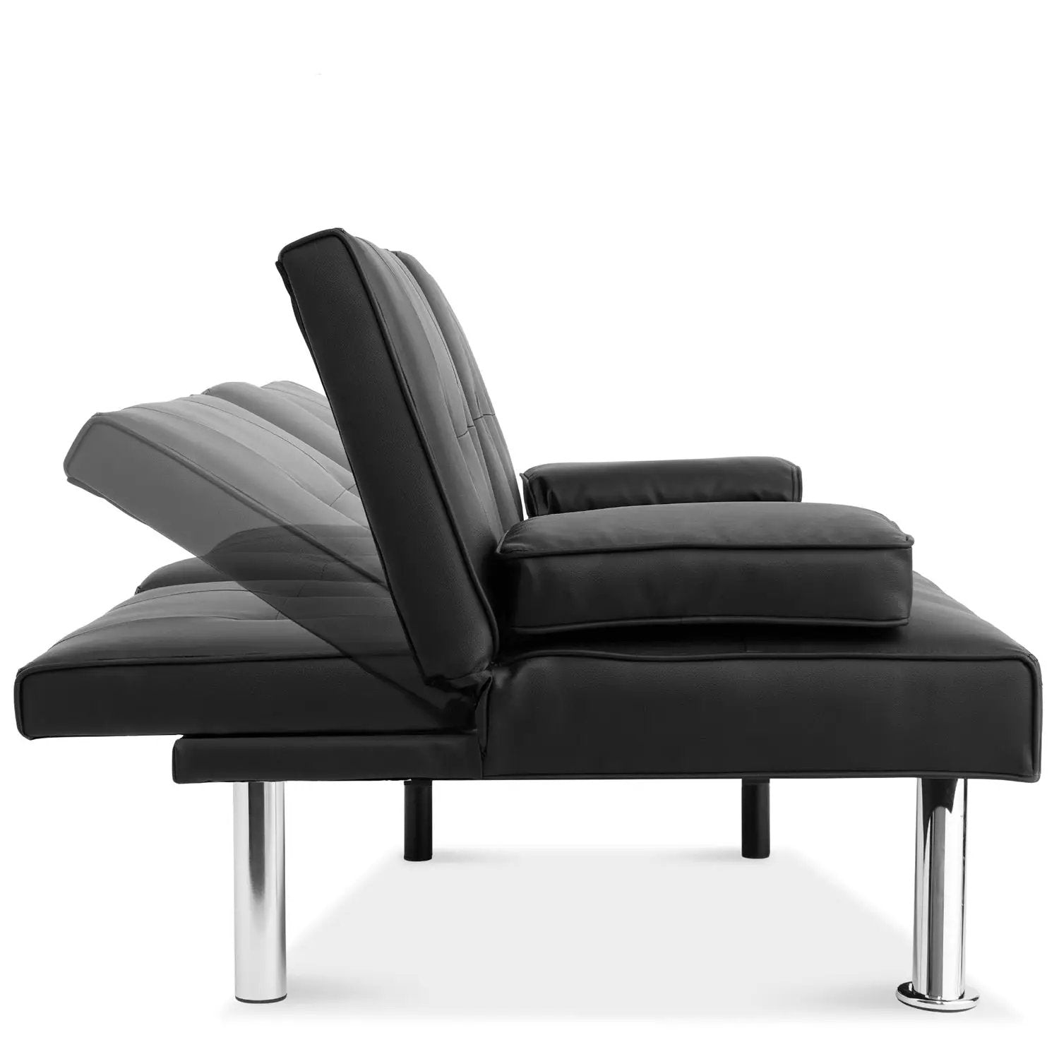 Black Faux Leather Convertible Sofa Futon with 2 Cup Holders by HomePacific