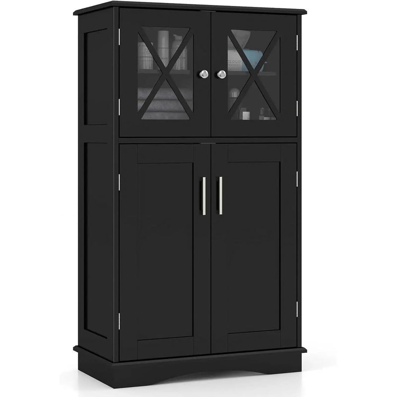 Black Bathroom Towel Linen Cabinet with Glass Doors and Storage Shelves by HomePacific