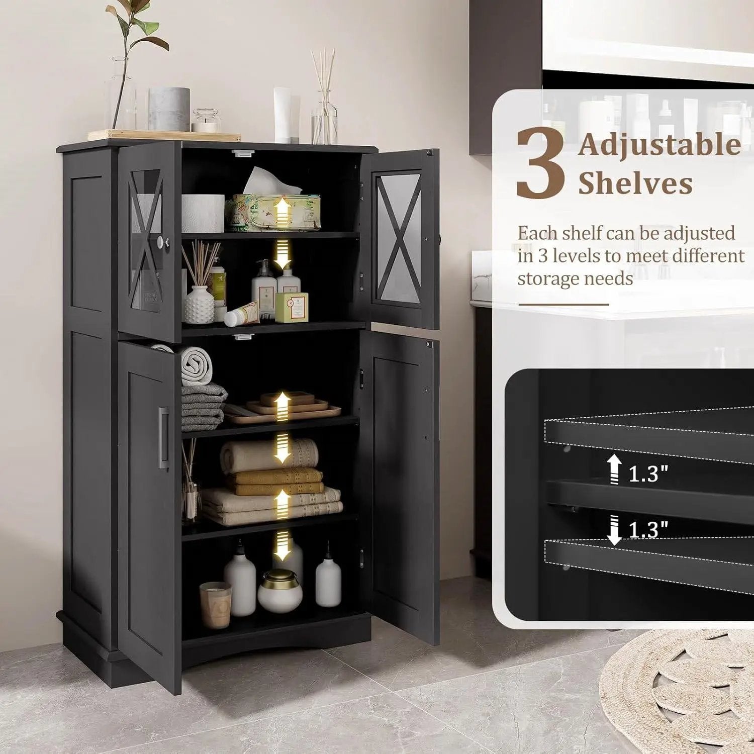 Black Bathroom Towel Linen Cabinet with Glass Doors and Storage Shelves by HomePacific