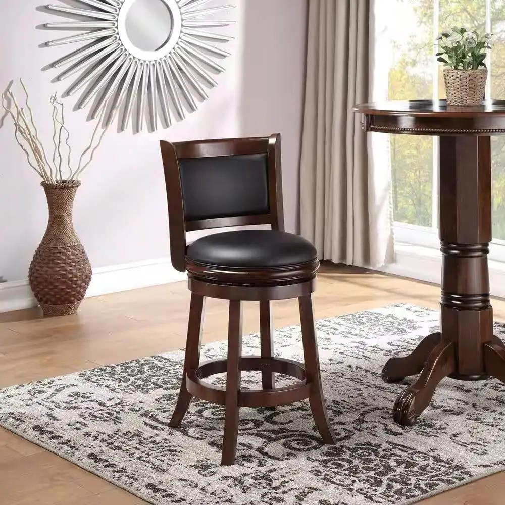 Counter Height Barstool in Dark Brown Wood Finish with Black Padded Swivel Seat by HomePacific