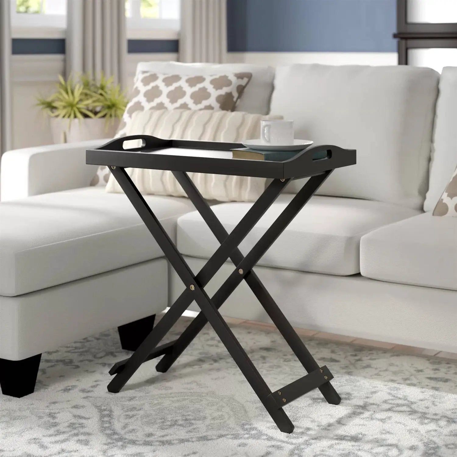 Folding TV Tray Bedside Table in Black Wood Finish by HomePacific