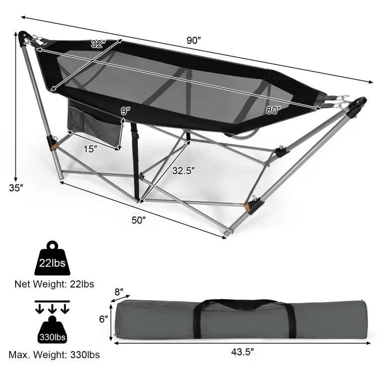 Black Portable Camping Foldable Hammock with Stand and Carry Case by HomePacific