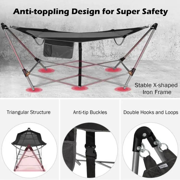 Black Portable Camping Foldable Hammock with Stand and Carry Case by HomePacific