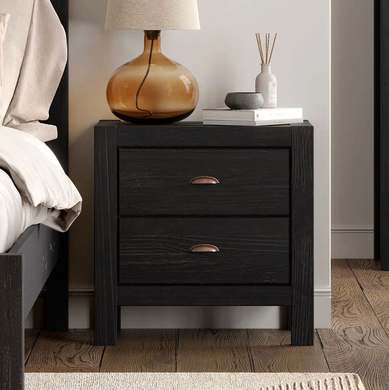 Farmhouse Style Solid Pine Wood 2-Drawer Nightstand Bedside Table in Black by HomePacific