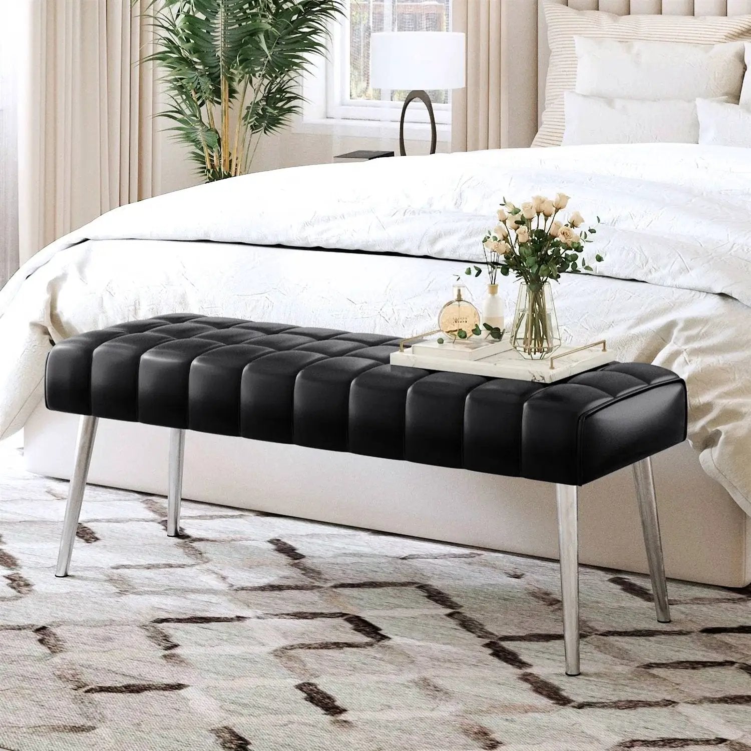 Mid-Century Modern End of Bed Bench with Black PU Leather Seat and Tapered Legs by HomePacific