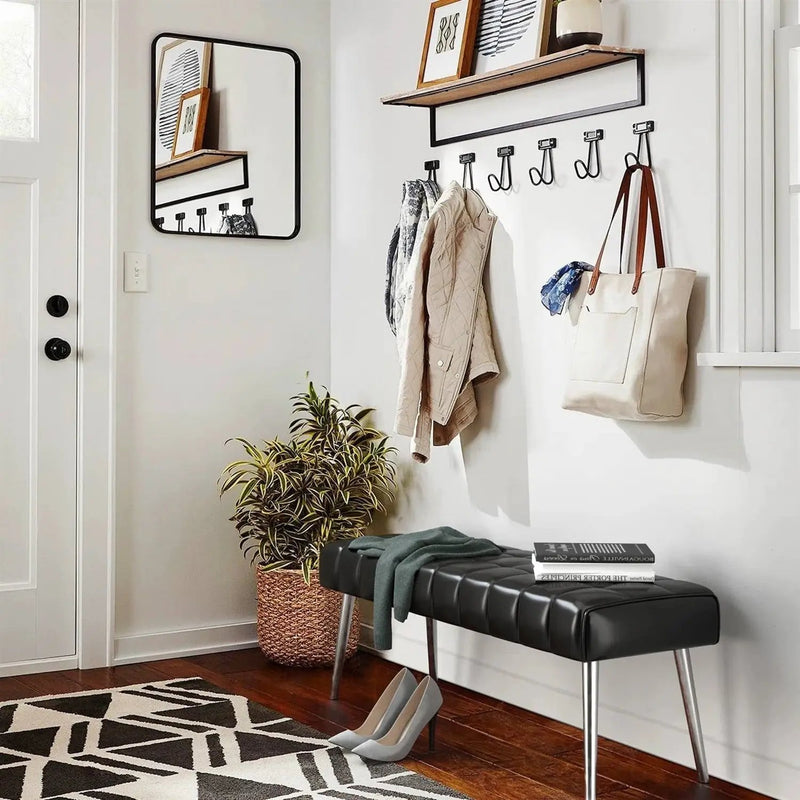 Mid-Century Modern End of Bed Bench with Black PU Leather Seat and Tapered Legs by HomePacific