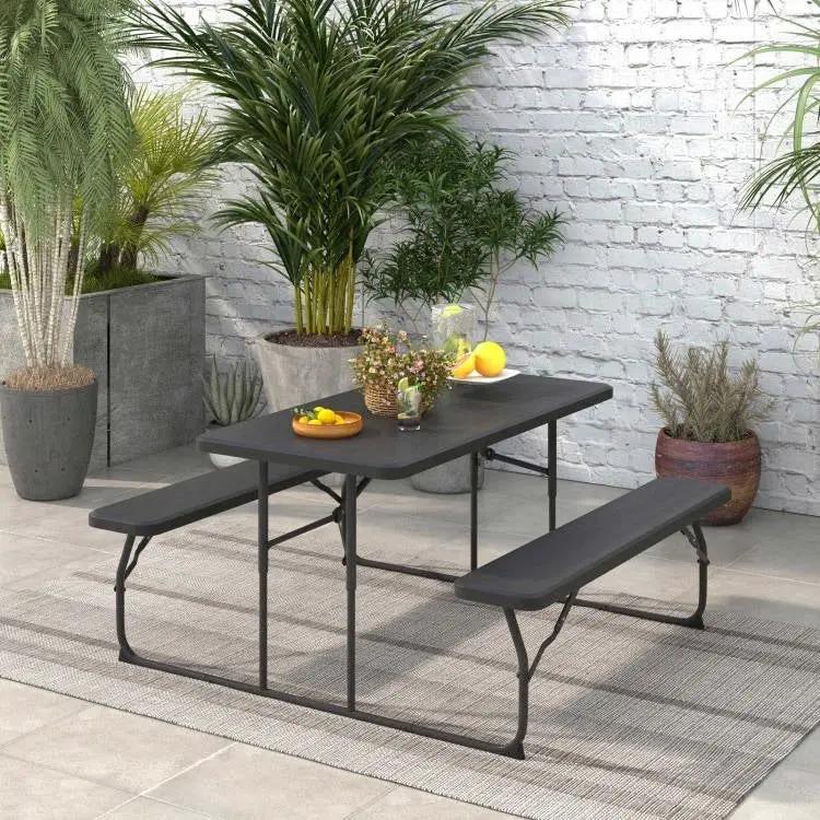 Folding Picnic Table with 2 Benches Outdoor Patio Dining Set in Black by HomePacific