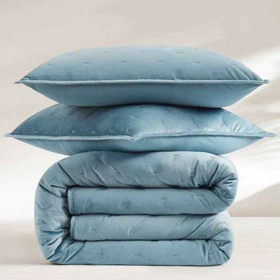 Full / Queen 3-Piece Blue Velvet Embroidered Lavishly Soft Quilt Set by HomePacific