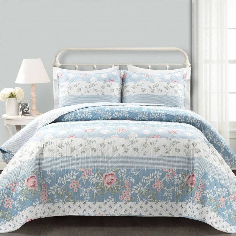 Full/Queen Blue Pink White Beige Floral Cottage Lightweight 3-Piece Quilt Set by HomePacific