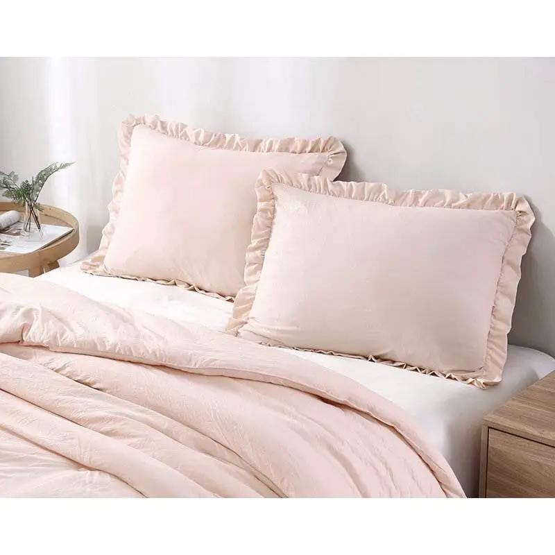 Full Size Pink Stone Washed Ruffled Edge Microfiber Comforter Set by HomePacific