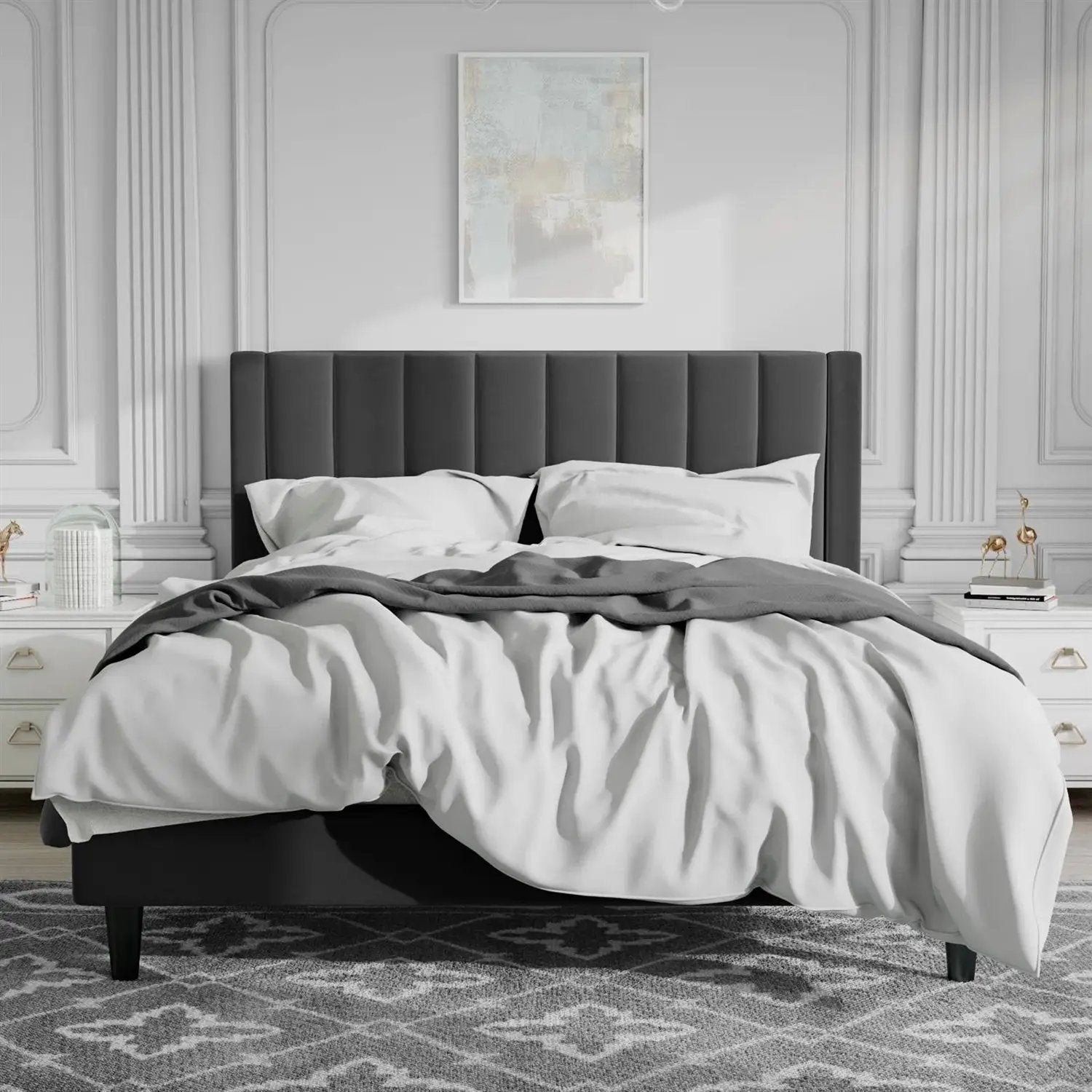 Full size Modern Black Velvet Upholstered Platform Bed with Headboard by HomePacific