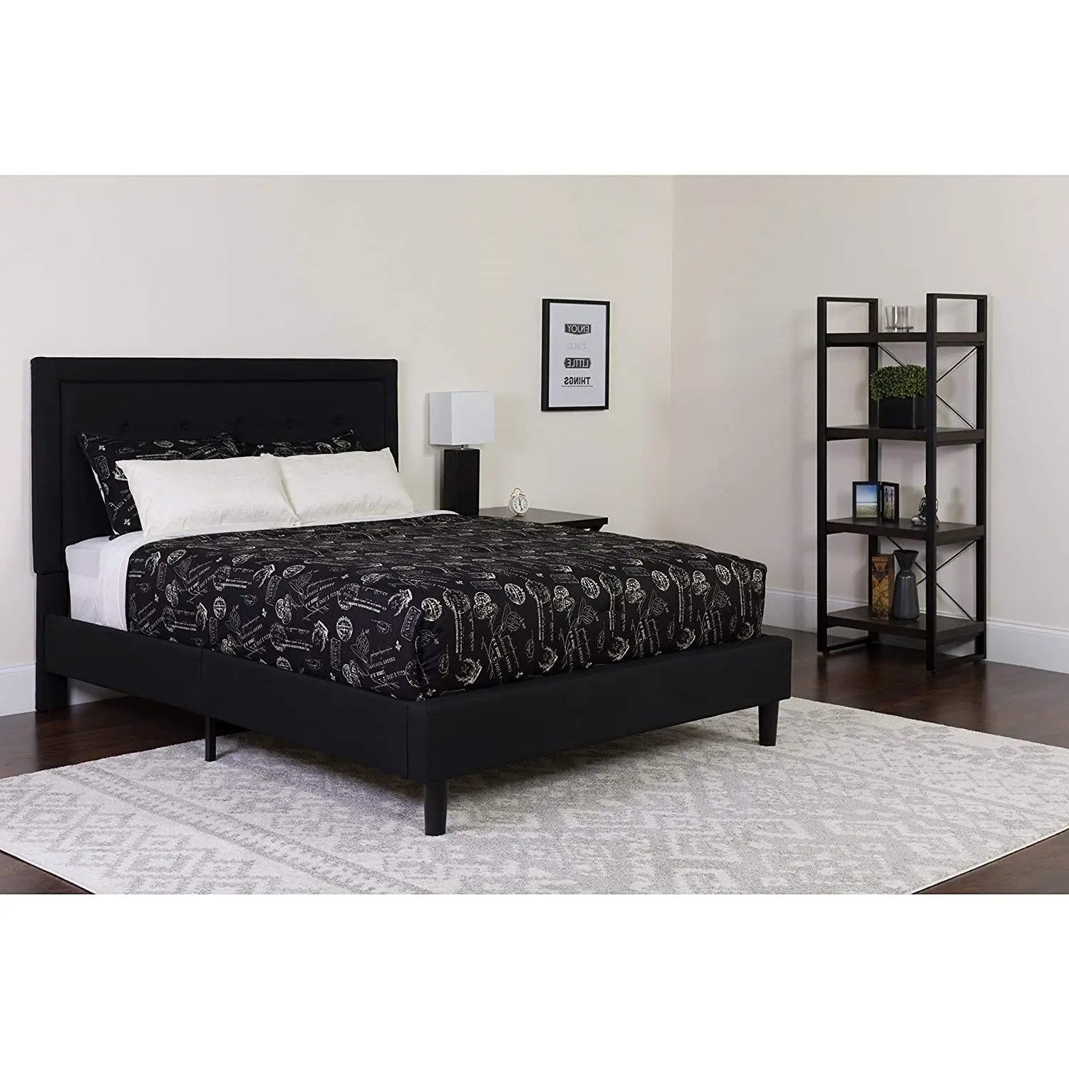Full size Black Fabric Upholstered Platform Bed Frame with Headboard by HomePacific