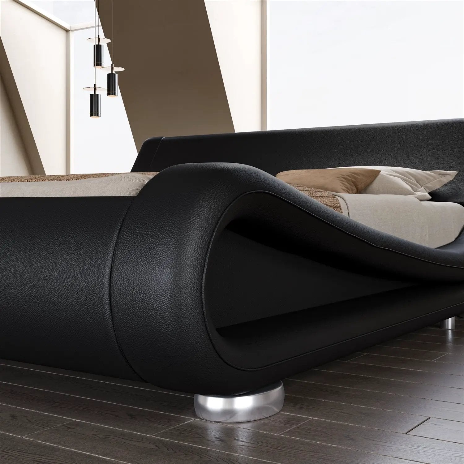Full Modern Black Upholstered Platform Bed Frame with Sleigh Curved Headboard by HomePacific